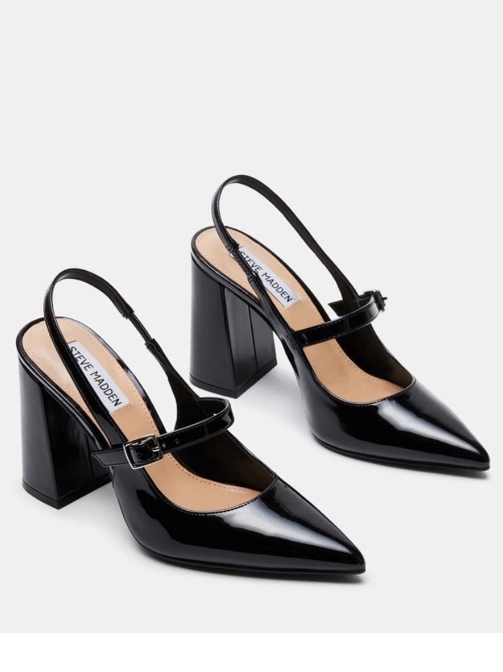 Steve Madden Maegan Black Patent Pointed Slingback Block Heels - Picture 3 of 9